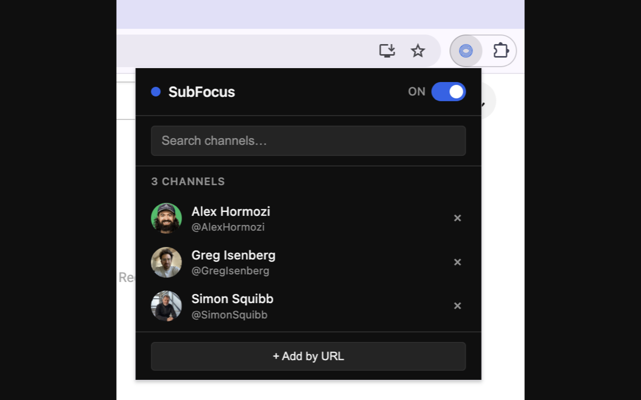 SubFocus popup — manage your approved channel list