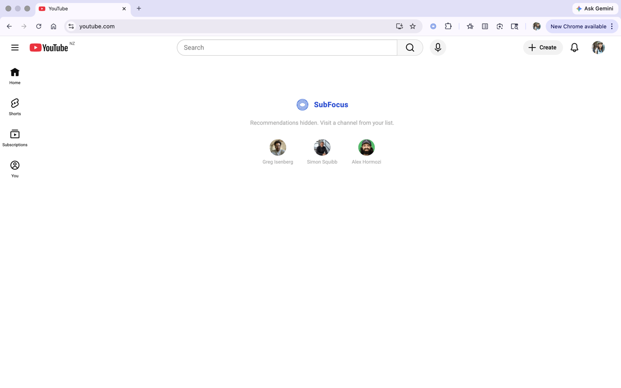 YouTube home feed with SubFocus active — algorithmic noise hidden