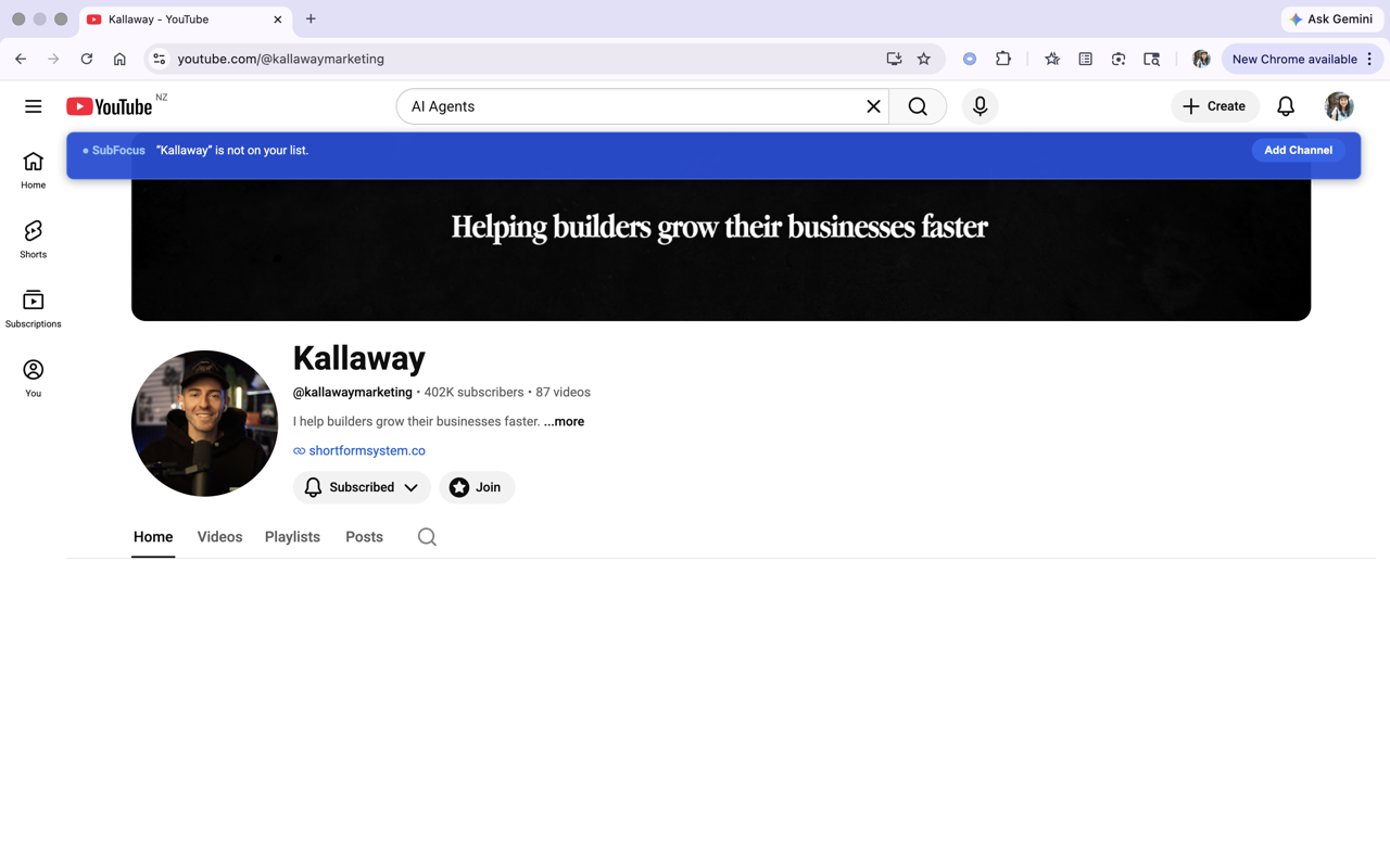 YouTube channel page with one-click add-channel banner