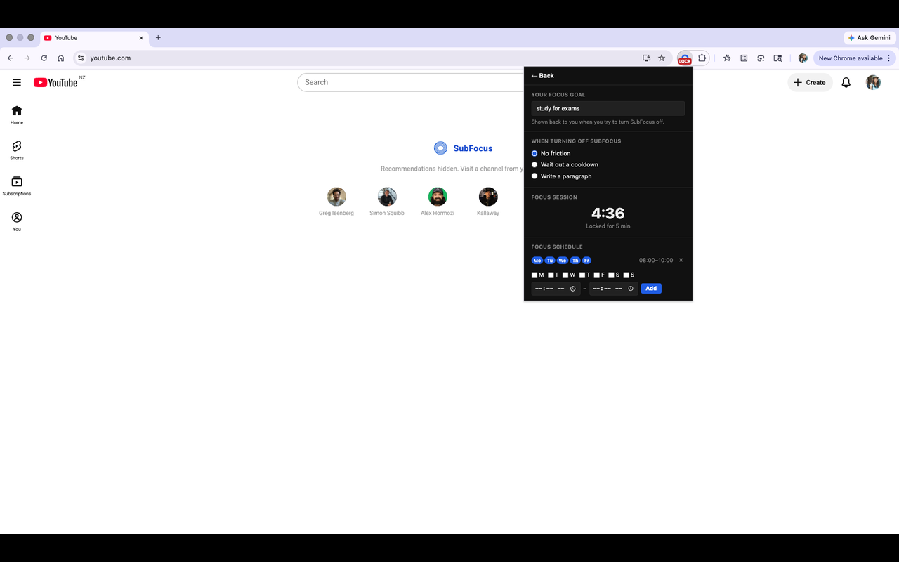 SubFocus Premium settings — focus lock and recurring schedules